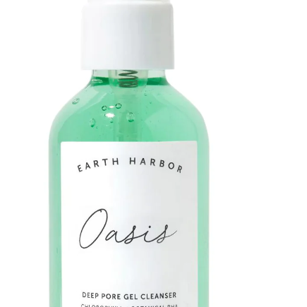Earth Harbor Oasis Deep Pore Gel Cleanser in a clear green bottle with a white label and pump.