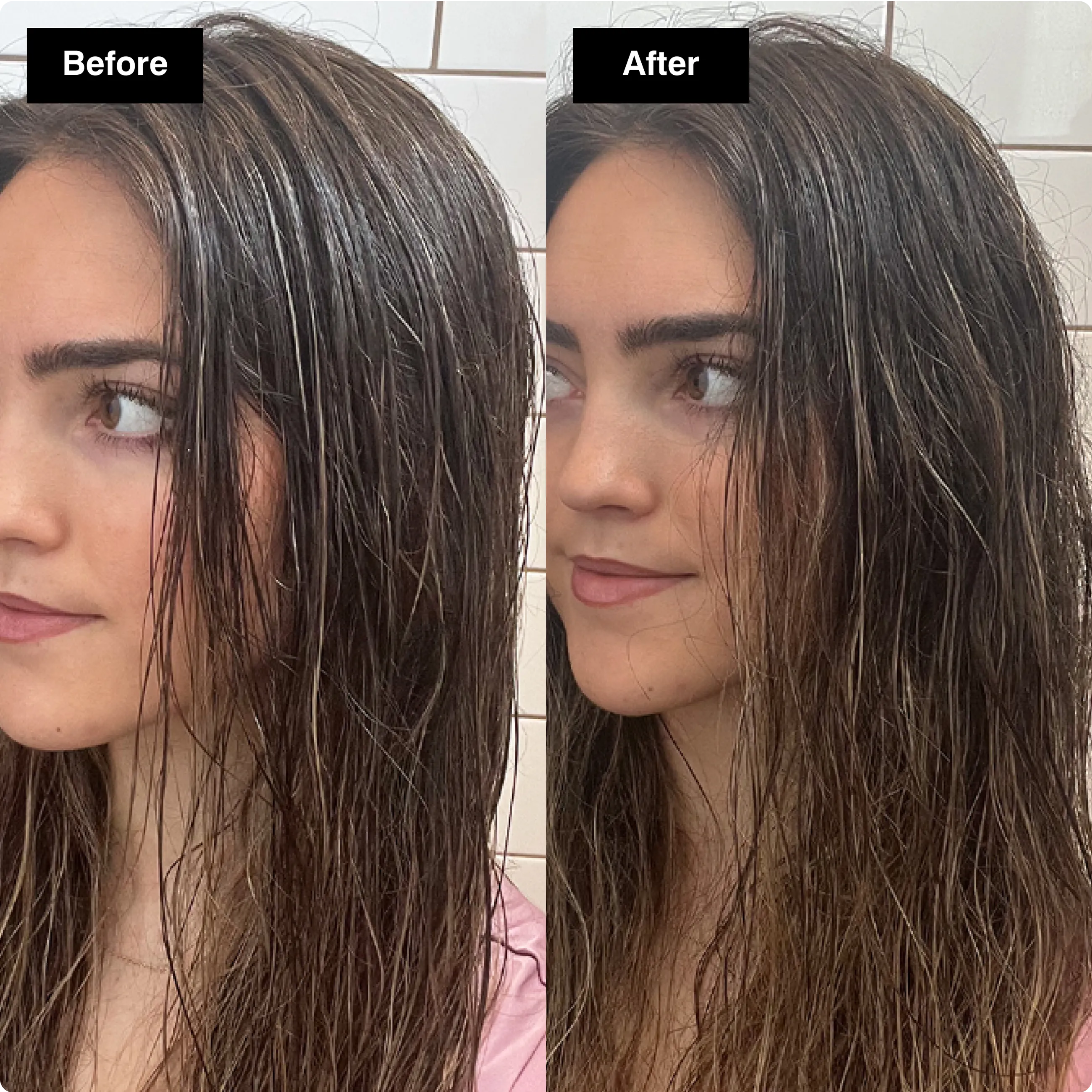 Before and after hair comparison showing
increased volume and texture in a
woman's damp brunette hair.​