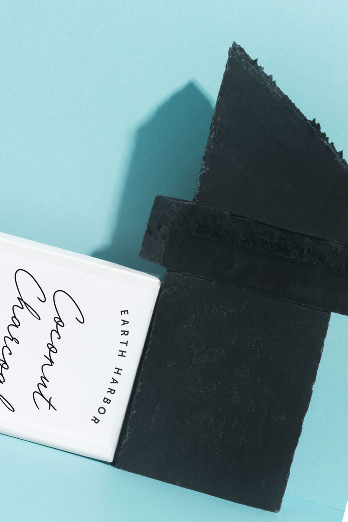 Earth Harbor Coconut Charcoal soap bar
and its white packaging box over a light
blue background.​