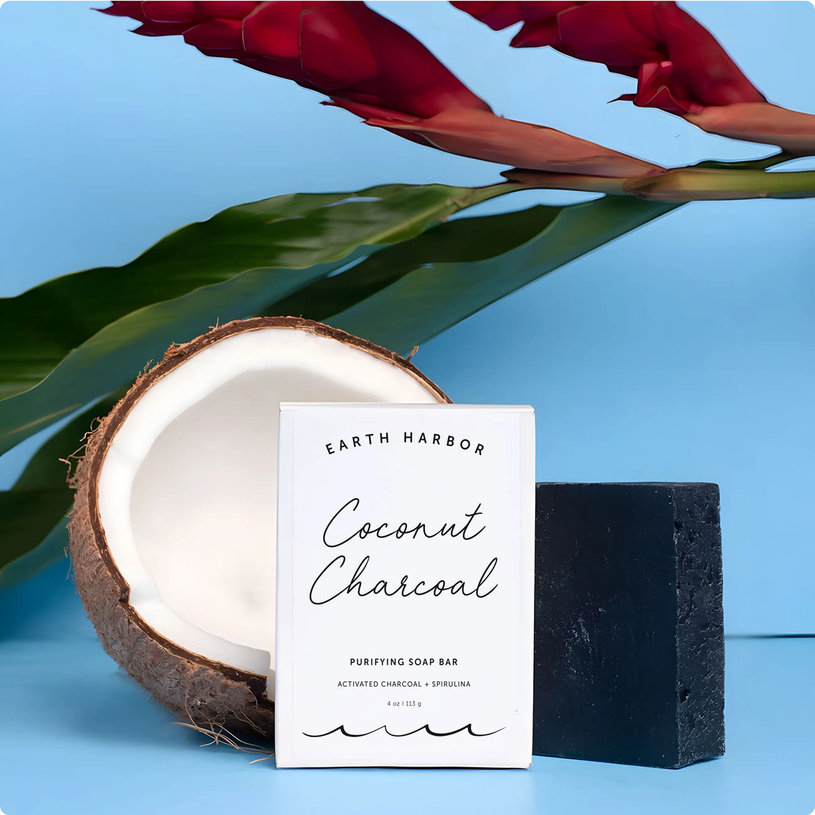 Earth Harbor Coconut Charcoal soap box and bar standing next to a cracked open coconut
shell.​