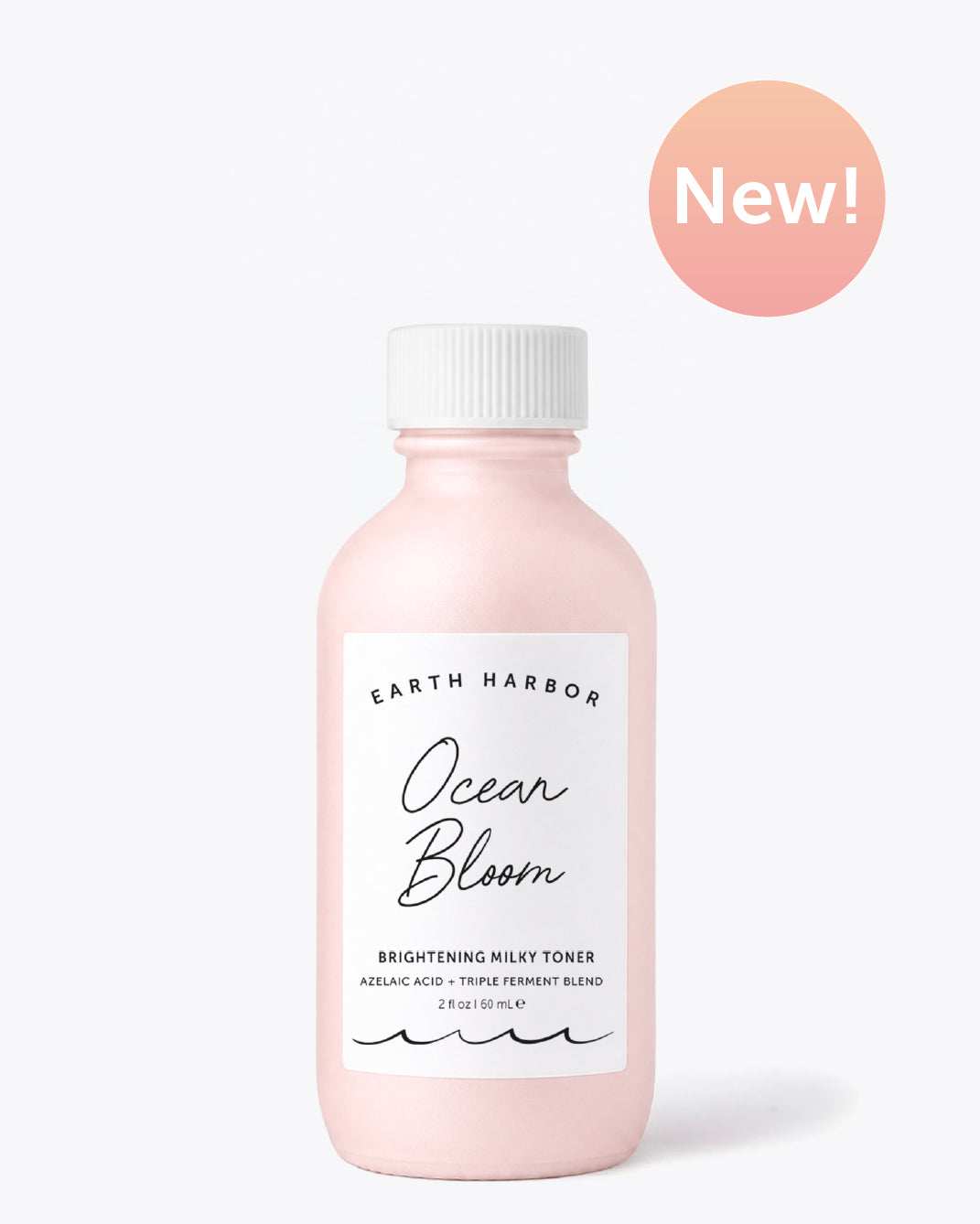 A bottle of Earth Harbor Ocean Bloom Brightening Milky Toner in a soft pink color with a white cap and label, shown on a light gray background with a peach 'New!' badge in the top right corner.