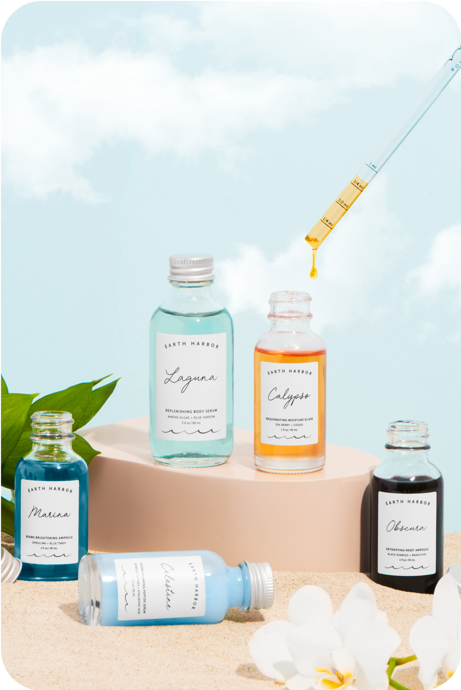 Skincare bottles arranged with dropper,
flowers, and soft blue sky background.​