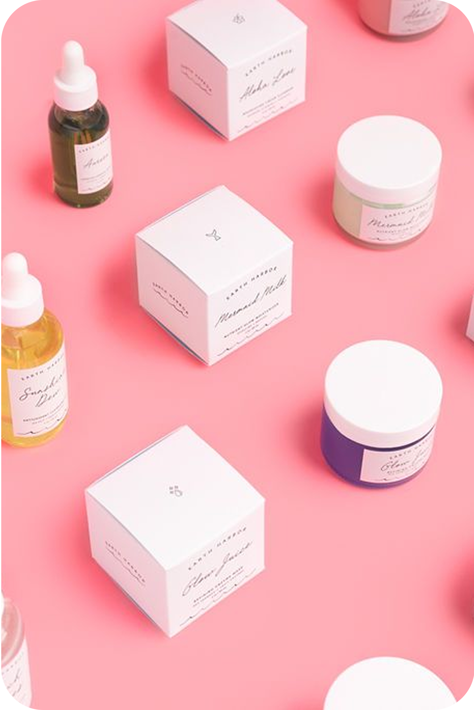 Earth Harbor bottles, jars, and boxes
arranged on a pink background.​