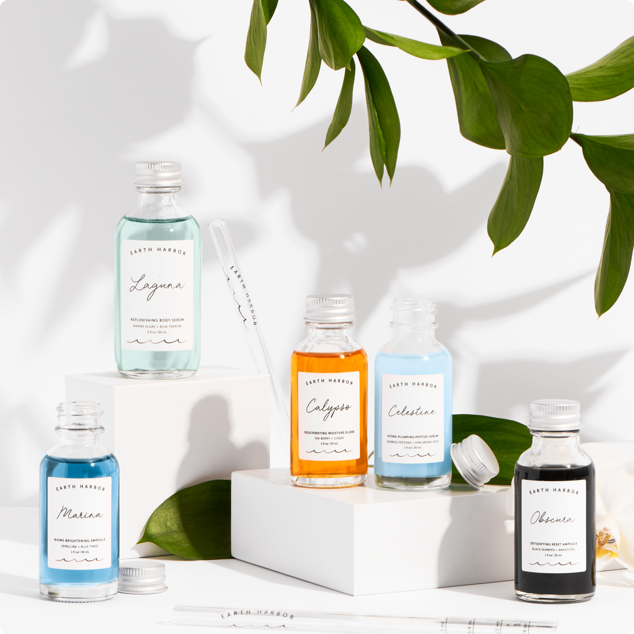 Assortment of Eart Harbor bottles and
serums displayed on white blocks with green leaves
overhead