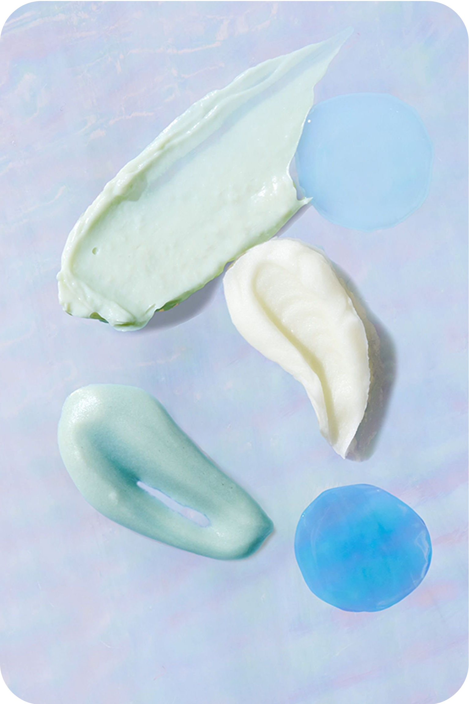 Various skincare textures and gel swatches
displayed on a soft pastel background.​