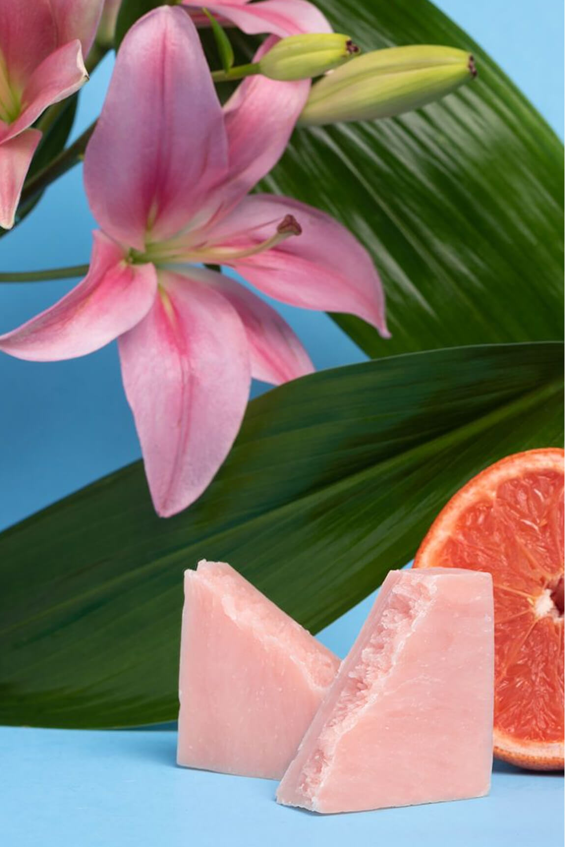 Two pink soap wedges in front of a sliced
grapefruit, large green leaves, and a pink
lily flower.​